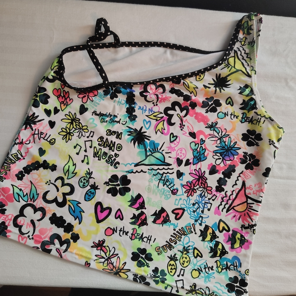 OP Neon Floral Doodle Tank Top with Black Polka Trim